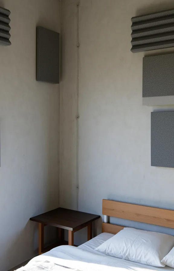 acoustic properties visible, sparse furniture arrangement, morning light creating subtle shadows