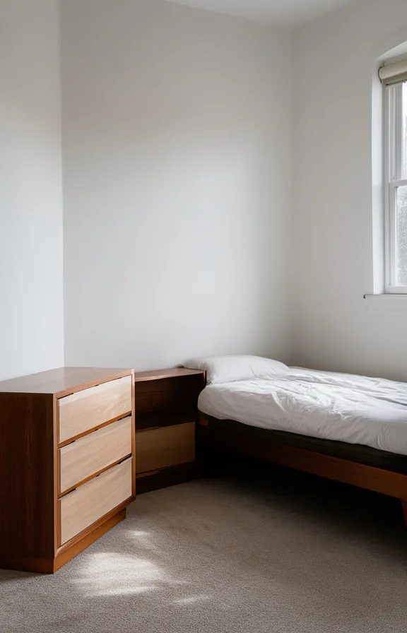 3/4 view of furniture awkwardly pushed into room corners