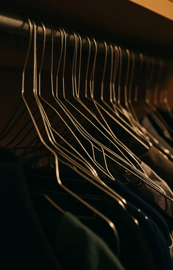 tangled arrangement, dark interior, warm closet light visible