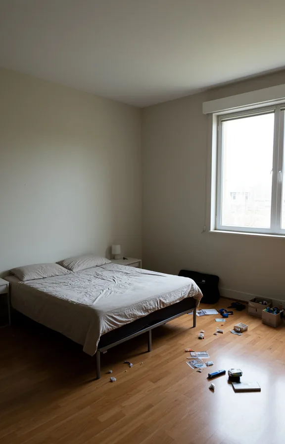 no strong focal point, generic bed, plain walls