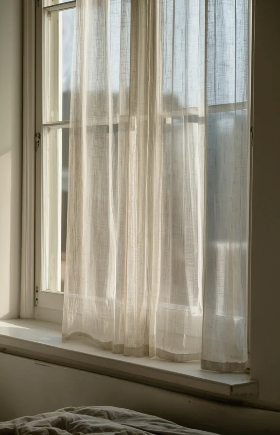 afternoon light streaming through, visible window frame, white walls beside it