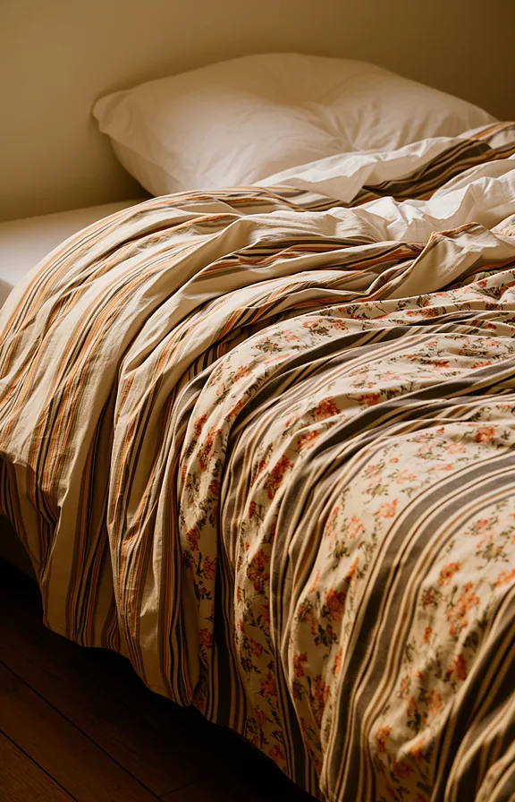 3/4 view of a bed with mismatched striped and floral bedding in different tones