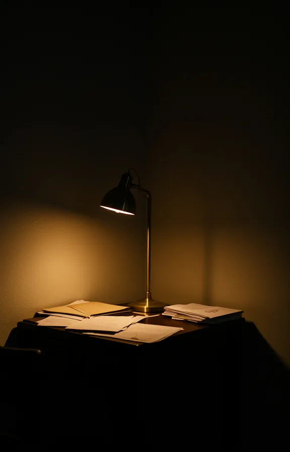 dim warm light from lamp only, shadowy corners