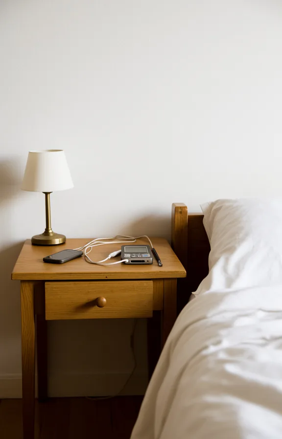 3/4 view of a tiny wooden nightstand beside bed holding a single lamp and phone