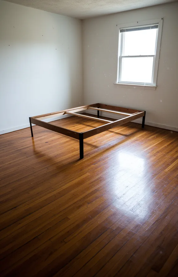 bed frame, white walls, single window, minimal furniture