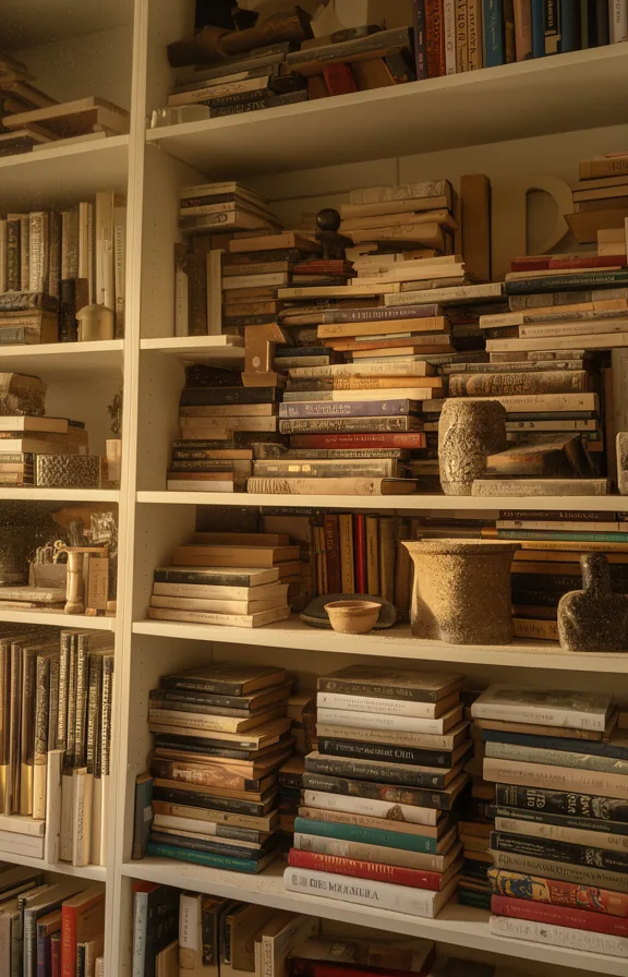 decorative items pressed together, no breathing room, soft morning light