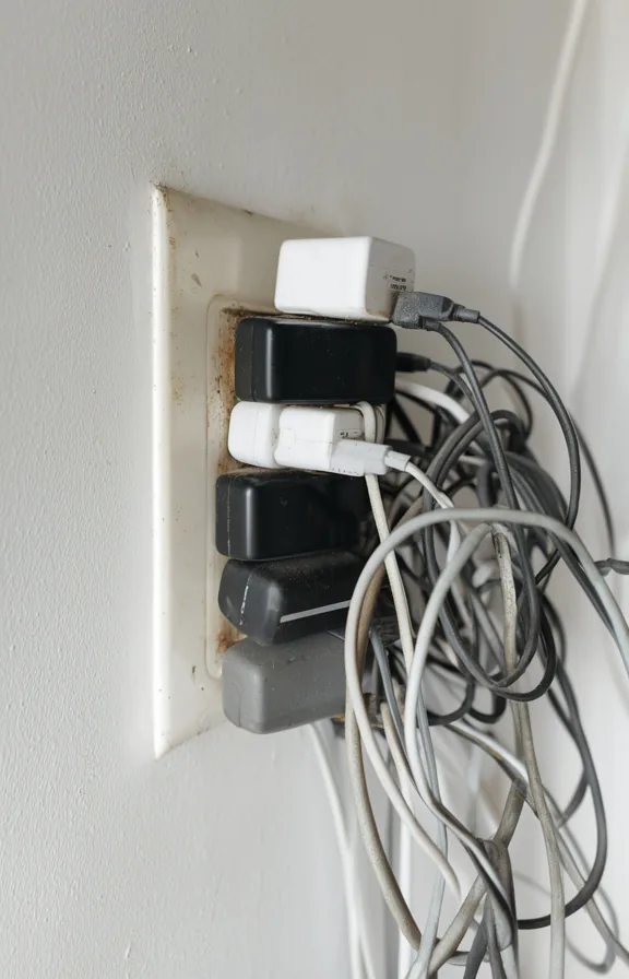 3/4 view of a wall outlet with multiple phone chargers