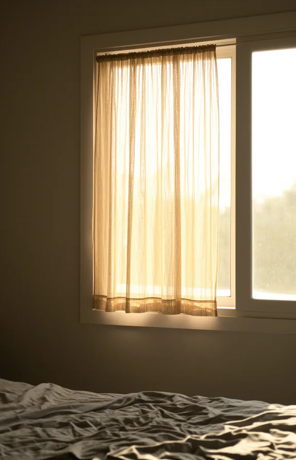 afternoon light completely visible through fabric, window shows exterior brightness