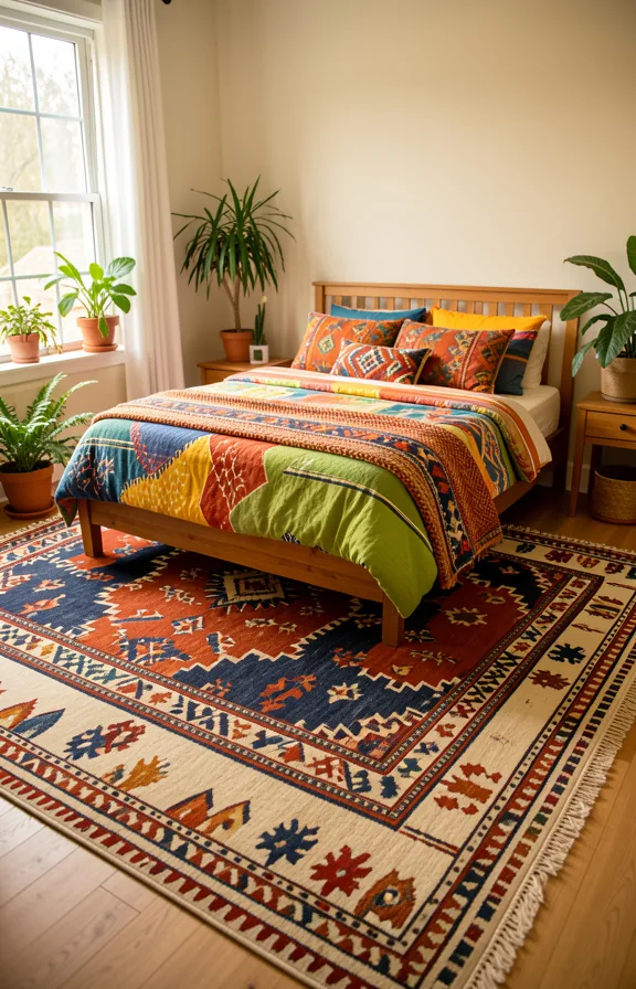 Full bedroom view with three layered area rugs in complementary patterns