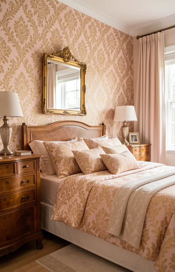 Full bedroom scene with peel and stick wallpaper creating feature wall in blush and gold damask p