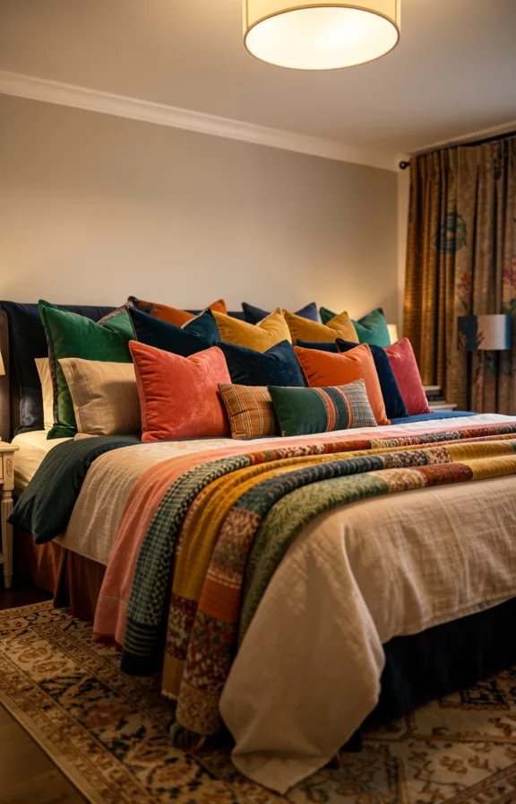 Complete bedroom with oversized bed surrounded by fifteen throw pillows in clashing patterns and
