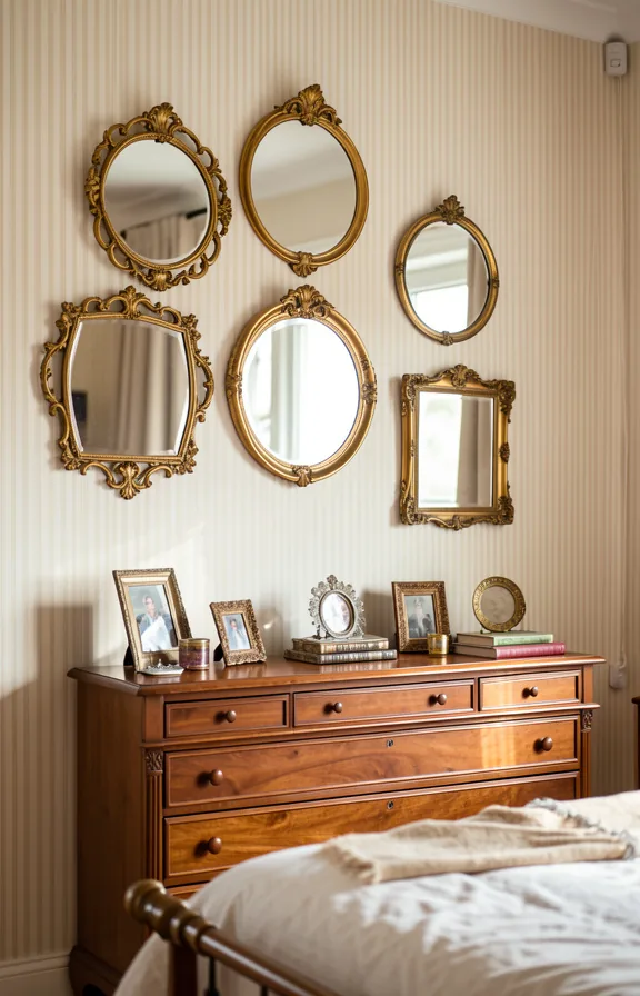 Full bedroom featuring wall arrangement of ornate mirrors in gold leaf