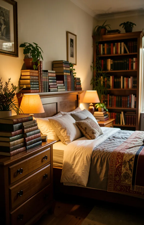 placed on dresser, nightstands, and shelves, leather bound spines in rich colors
