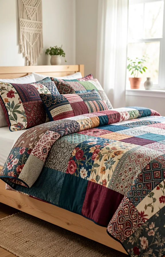Complete bedroom with bedspread in mixed patterns, patchwork style combining florals