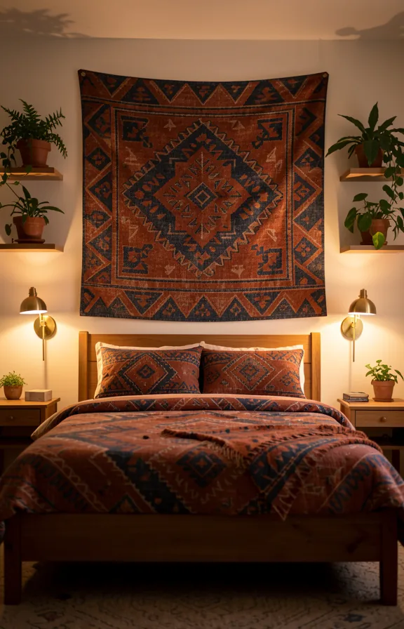 Full room scene with large fabric wall hanging tapestry in rust and indigo geometric pattern