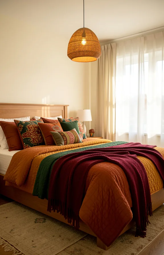 Full bedroom scene with oversized bed layered with rust