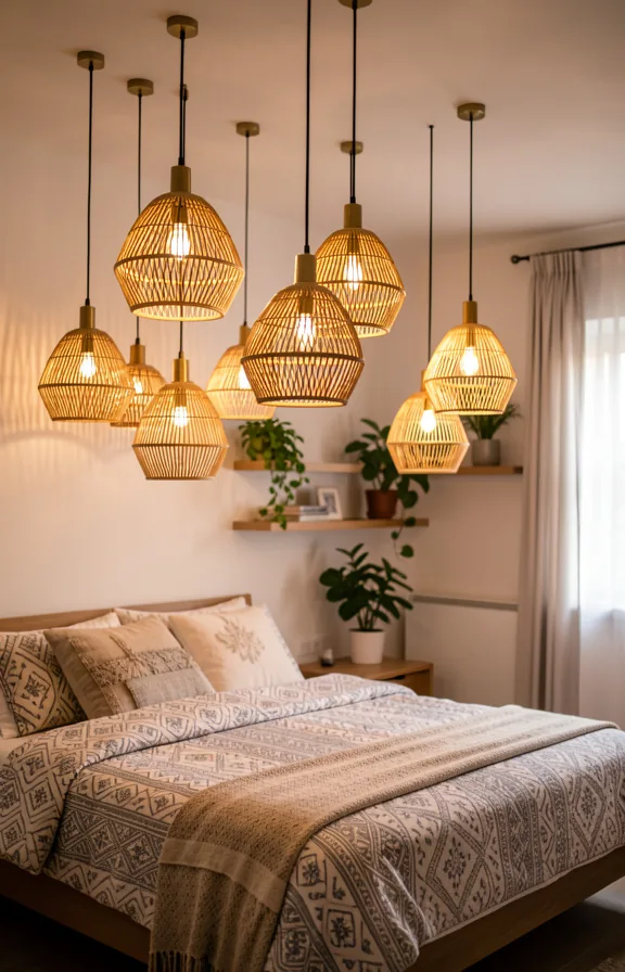 warm brass fixtures, geometric shades, soft warm glow throughout space