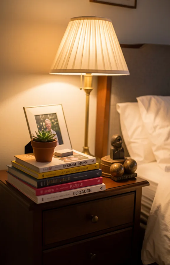 Complete bedroom nightstand surface densely styled with stacked books