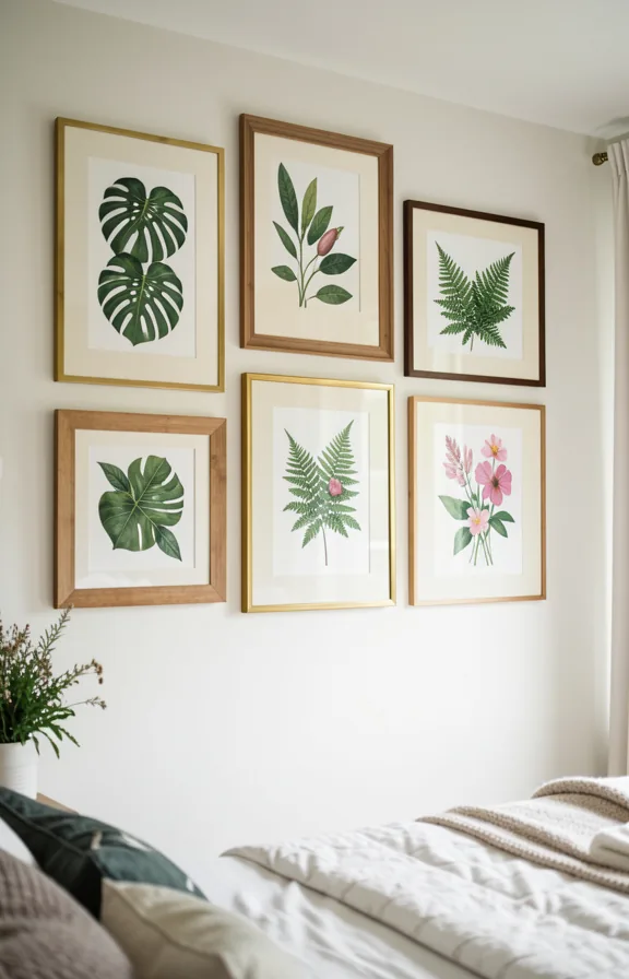 Full bedroom wall featuring gallery of framed botanical prints in mixed wood and brass frames