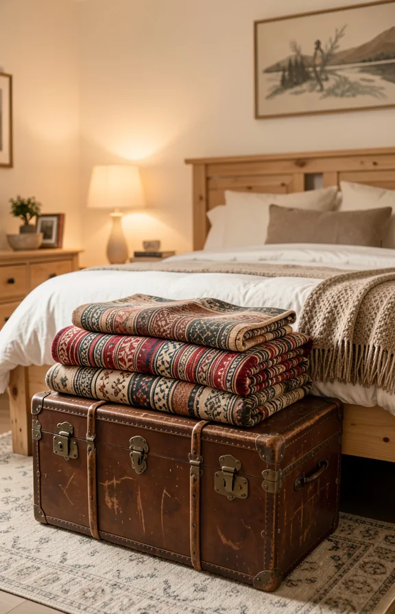 stacked with patterned throw blankets, natural wood bed frame above