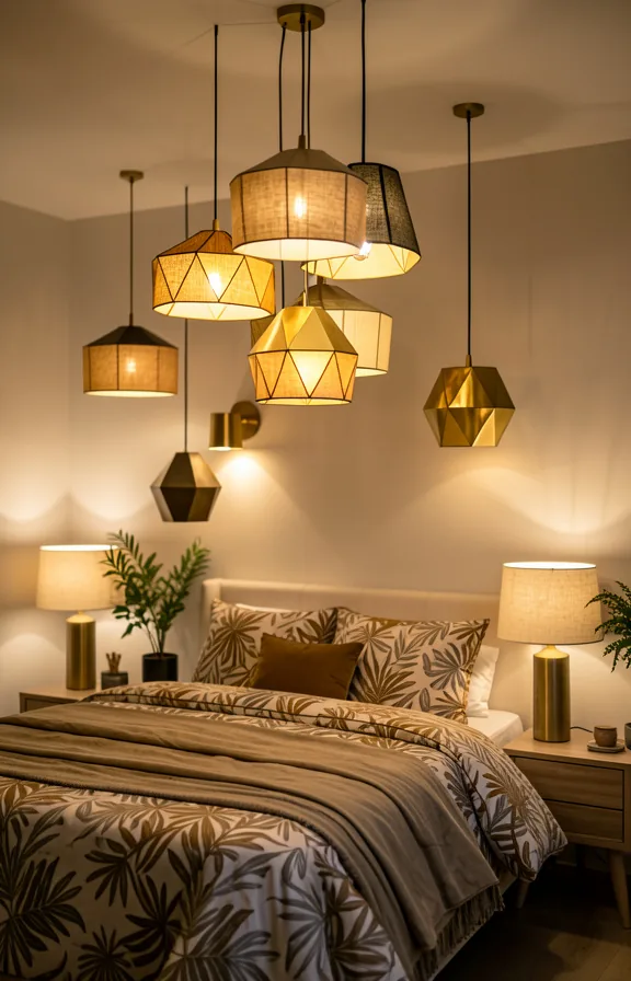 Complete bedroom with multiple pendant lights layered with table lamps and wall sconces