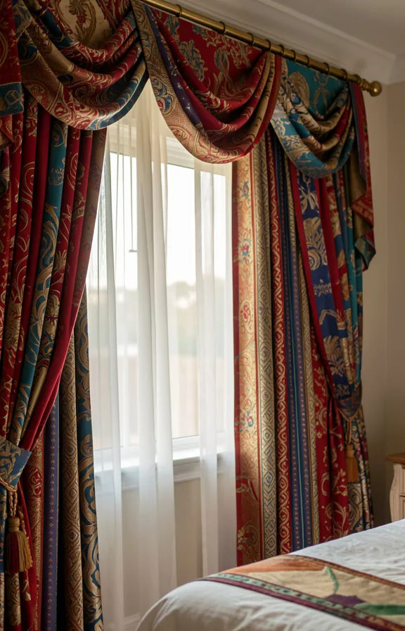 Full bedroom window treatment with multiple fabric panels in coordinating jewel tones and patterns