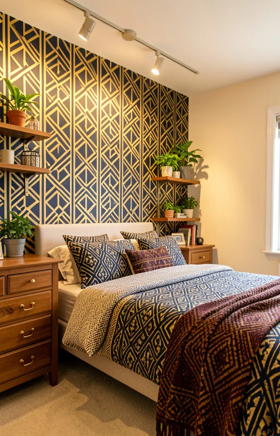 Complete bedroom with peel stick wallpaper accent wall in geometric gold and navy pattern