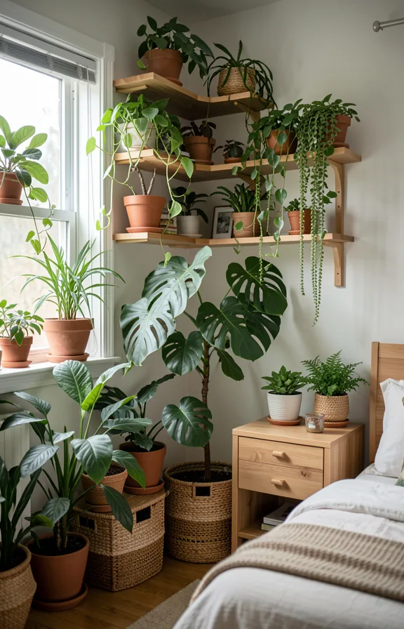 Full corner bedroom scene overflowing with potted plants of varying heights