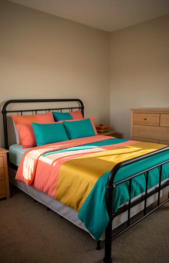 Complete bedroom with color blocked bedding in coral