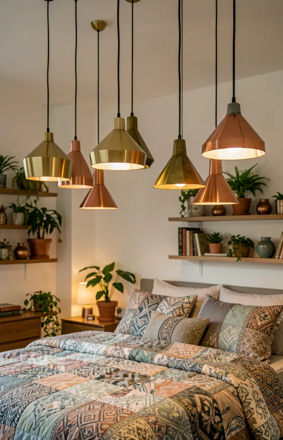 brushed gold, copper, and aged brass, geometric pendant shades