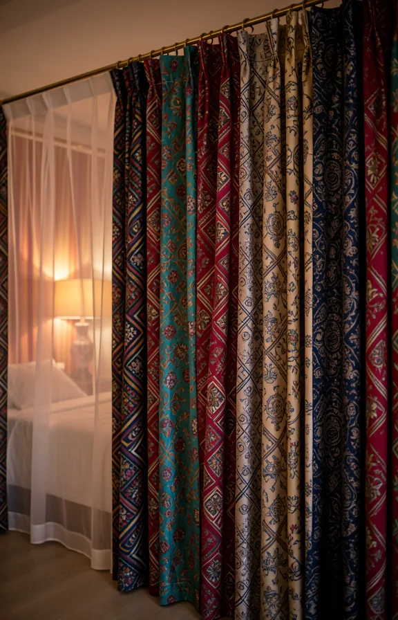 Complete bedroom with floor to ceiling patterned curtain panels in jewel tones dividing space