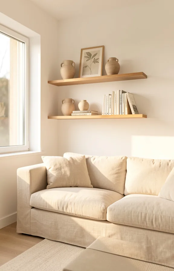 Full minimalist living room with white walls