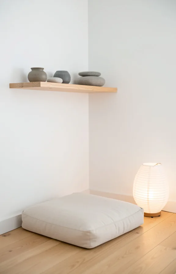 Complete zen meditation corner with plain white wall