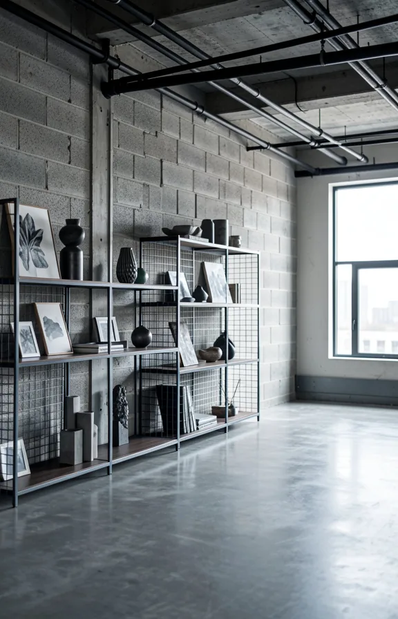 Full industrial space with exposed concrete block wall