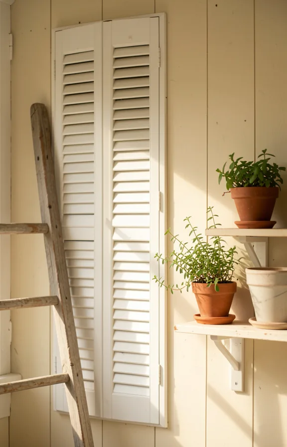 Complete farmhouse wall featuring stacked white shutters arranged vertically