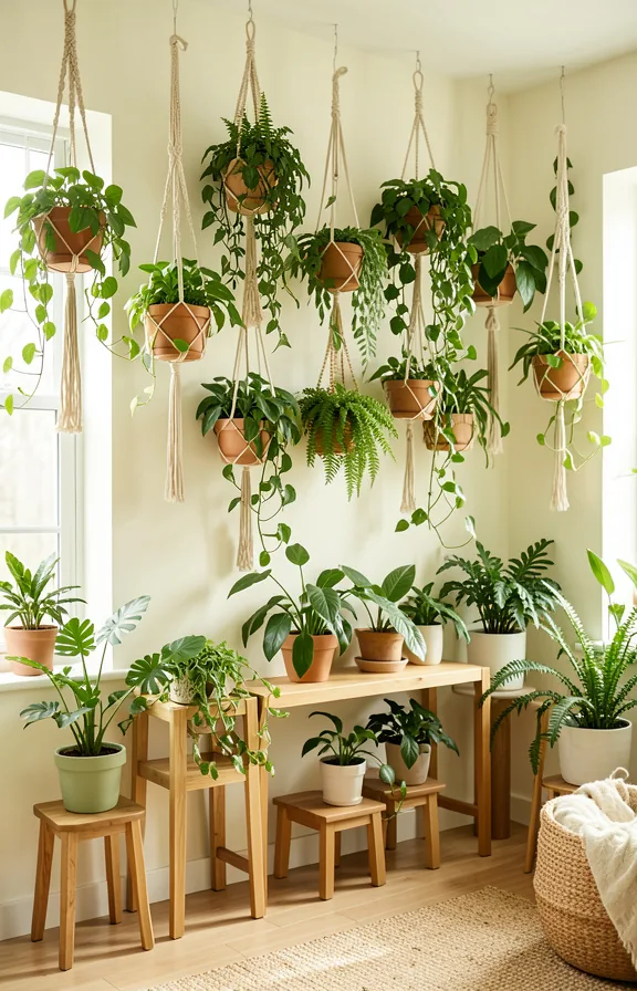 Full botanical living room wall covered with hanging plants at various heights