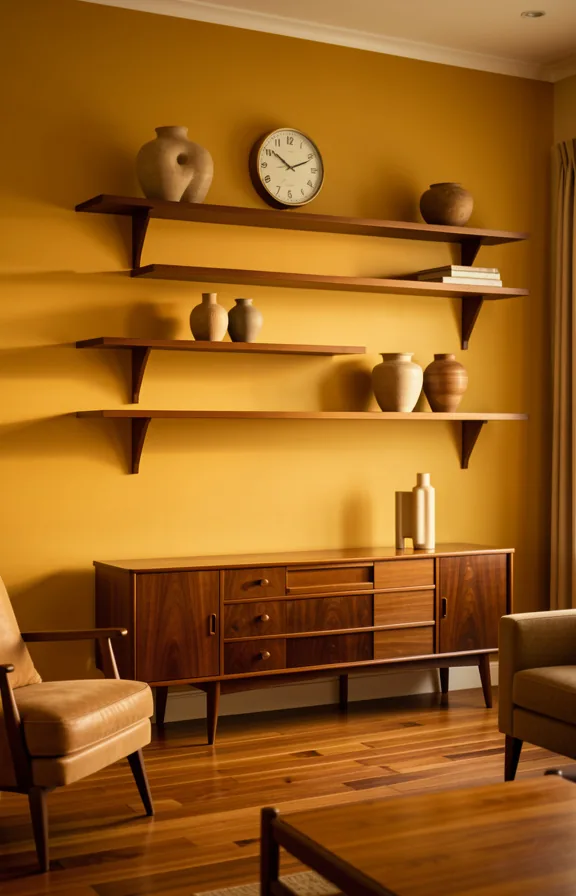 Complete mid century modern living room with feature wall in warm mustard yellow