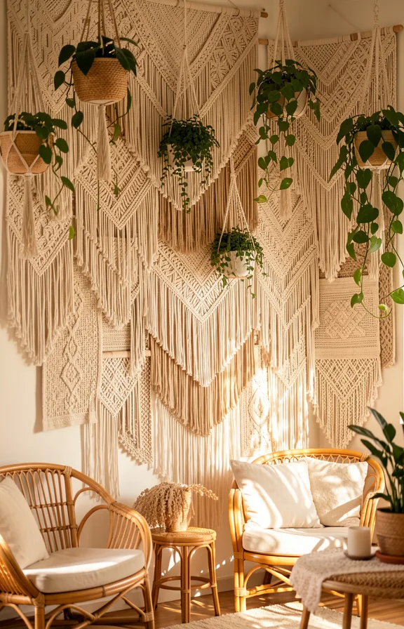 Full bohemian wall entirely covered with layered macramé hangings in cream and natural cotton