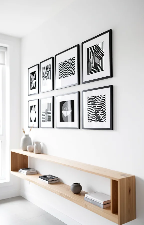 Complete gallery wall featuring black and white geometric art prints in uniform frames