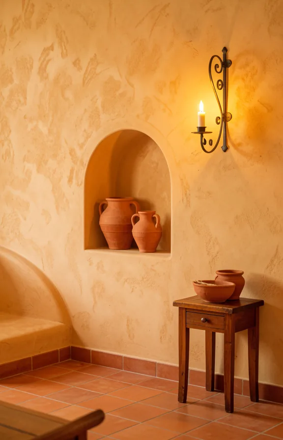 Full Mediterranean space with textured stucco wall in warm sandy ochre