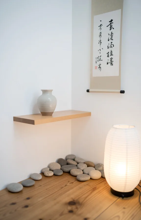 Complete Japanese zen corner with plain white wall