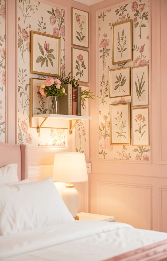 Full romantic bedroom wall decorated with vintage botanical prints in delicate gold frames