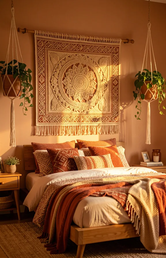 Complete bohemian bedroom featuring a large woven tapestry hung from a tension rod across the acc