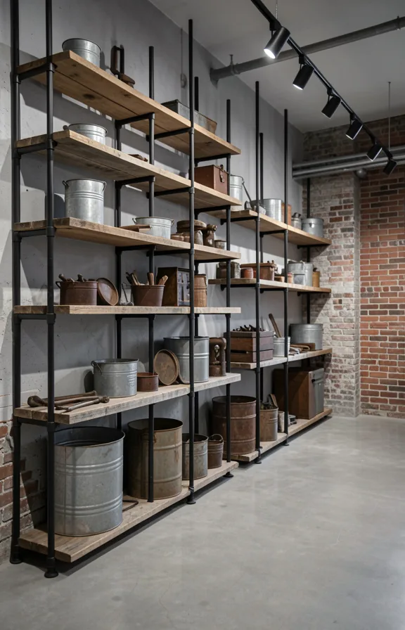Complete industrial shelving wall built from black pipes and reclaimed wood platforms at varying