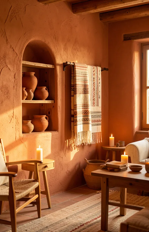 Full warm adobe room with textured terracotta coloured wall