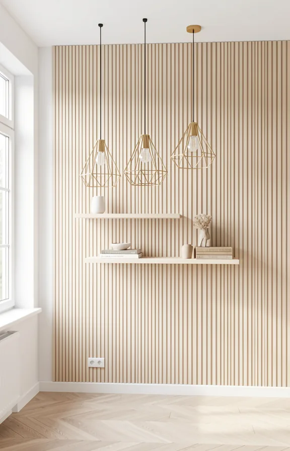 Complete Scandinavian wall featuring vertical wood slat panelling in pale natural finish