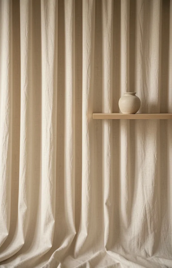 Complete soft linen wall created by draping natural linen fabric from floor to ceiling