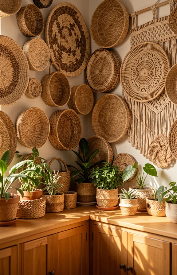 Full eclectic corner wall covered with woven baskets in various sizes and natural materials