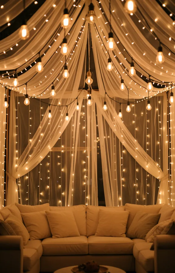 Complete atmospheric wall decorated with strands of warm string lights creating canopy effect