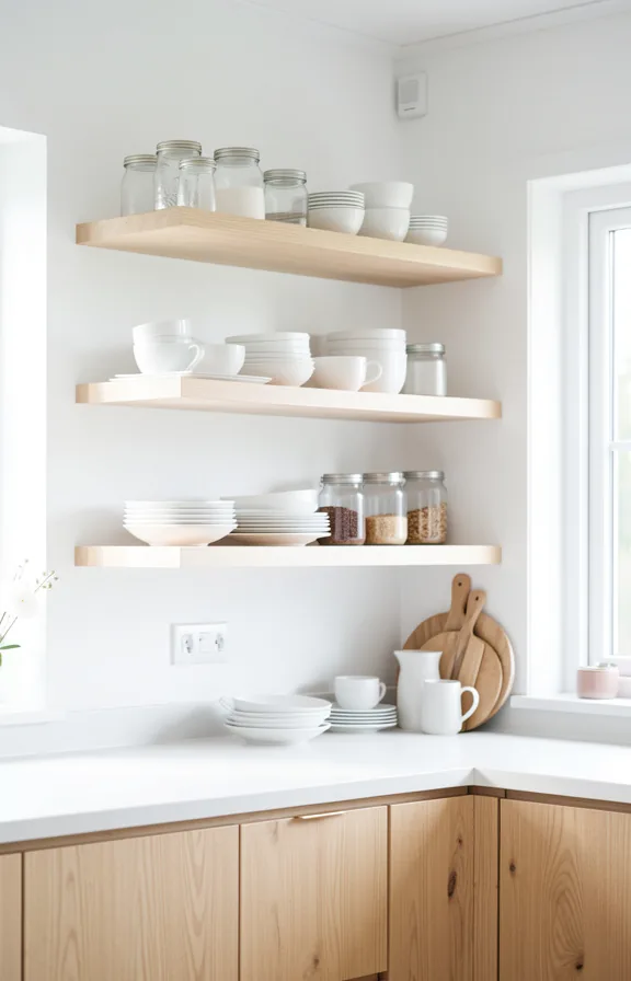 Complete Scandinavian kitchen with open floating shelves in pale birch wood mounted on white wall